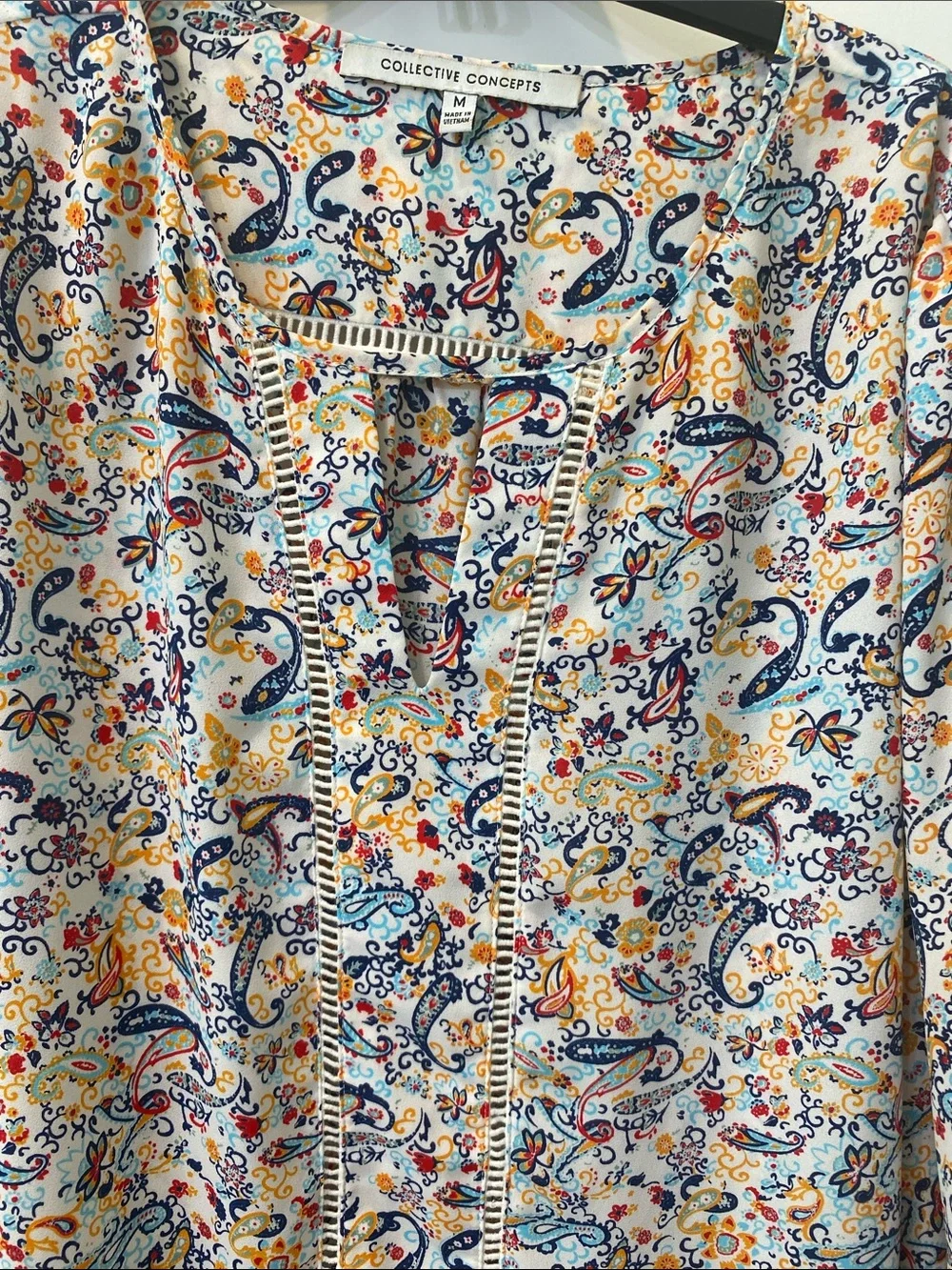 Collective Concepts Cream Paisley Peasant Top with Navy & Yellow Accents - Picture 2 of 3